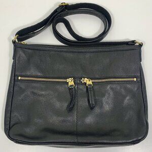 FOSSIL Black Pebble Leather Bag CROSSBODY MESSENGER SADDLE Two ZIP Front
